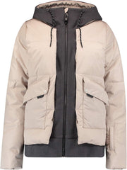 Women’s short snow jacket with zip front, hood, beige and dark gray colorblock pockets