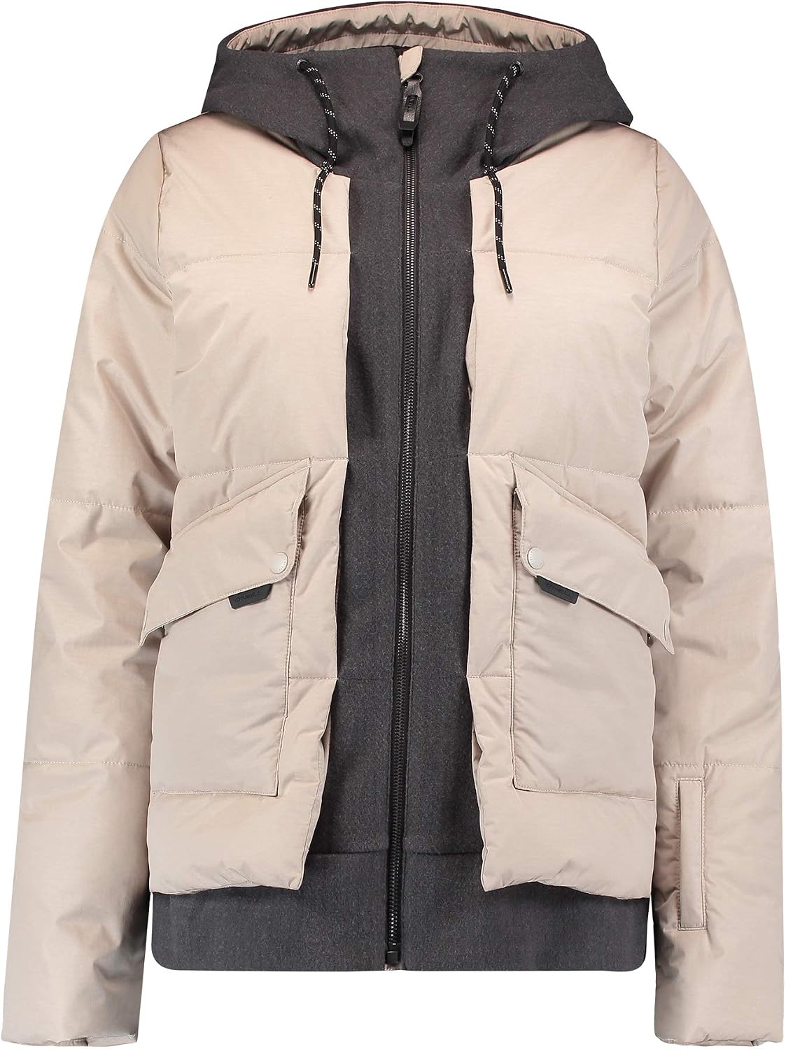 Women’s short snow jacket with zip front, hood, beige and dark gray colorblock pockets