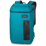 Dakine 25L teal backpack with black trim, front zip pocket, top handle and side straps