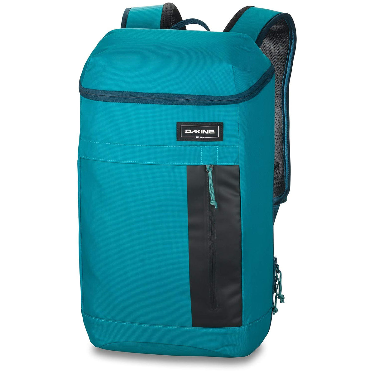 Dakine 25L teal backpack with black trim, front zip pocket, top handle and side straps