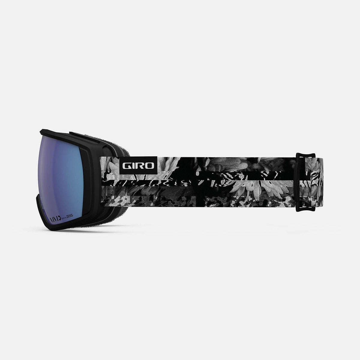 Giro Facet snow goggles side view, blue mirrored lens and black patterned strap