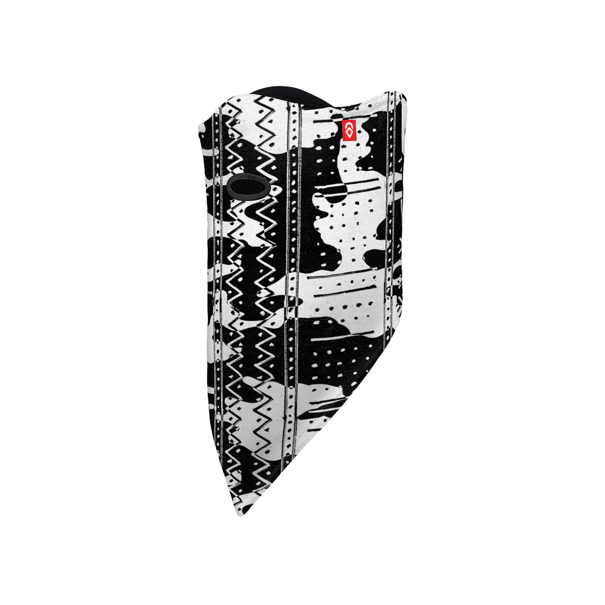 Sports face mask, white and black geometric pattern with logo patch and oval eye opening