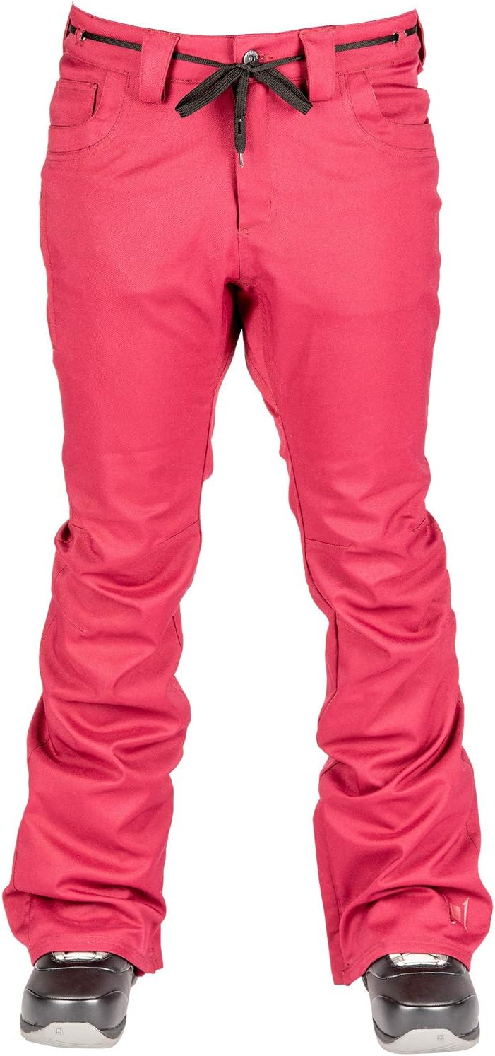 Women's L1 twill snow pants in pink, drawstring waist with bow, boot cuffs