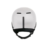 White snow helmet with black chin strap and center buckle