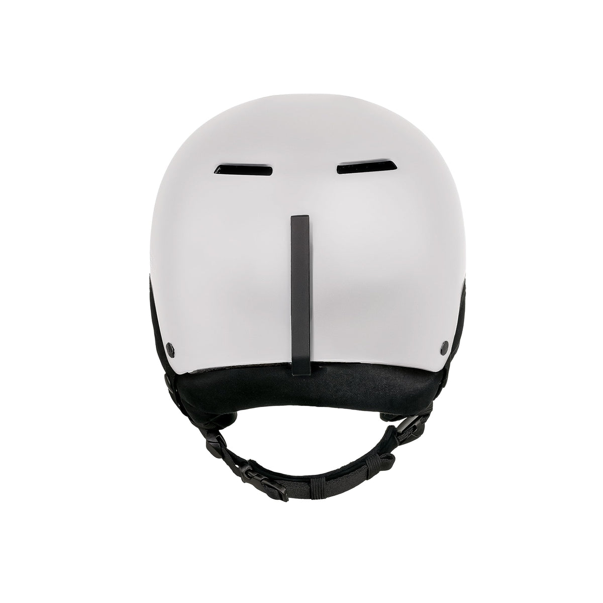 White snow helmet with black chin strap and center buckle