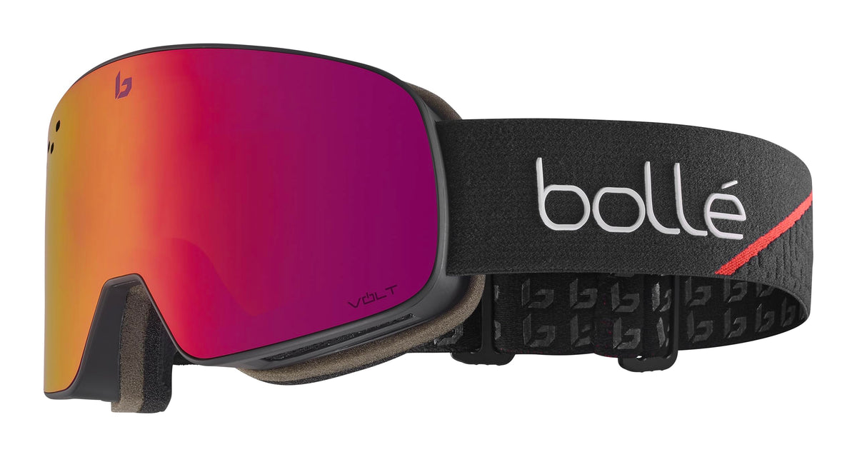 Bolle snow goggles with magenta lens and black patterned strap, frame and side vents