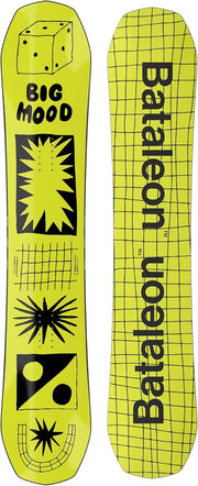 Women's Moodboard snowboard with bright yellow and black grid graphics, shown from both sides.