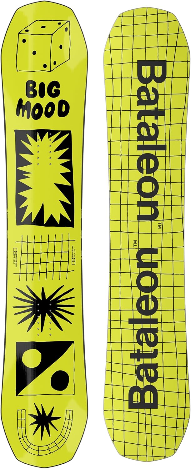 Women's Moodboard snowboard with bright yellow and black grid graphics, shown from both sides.