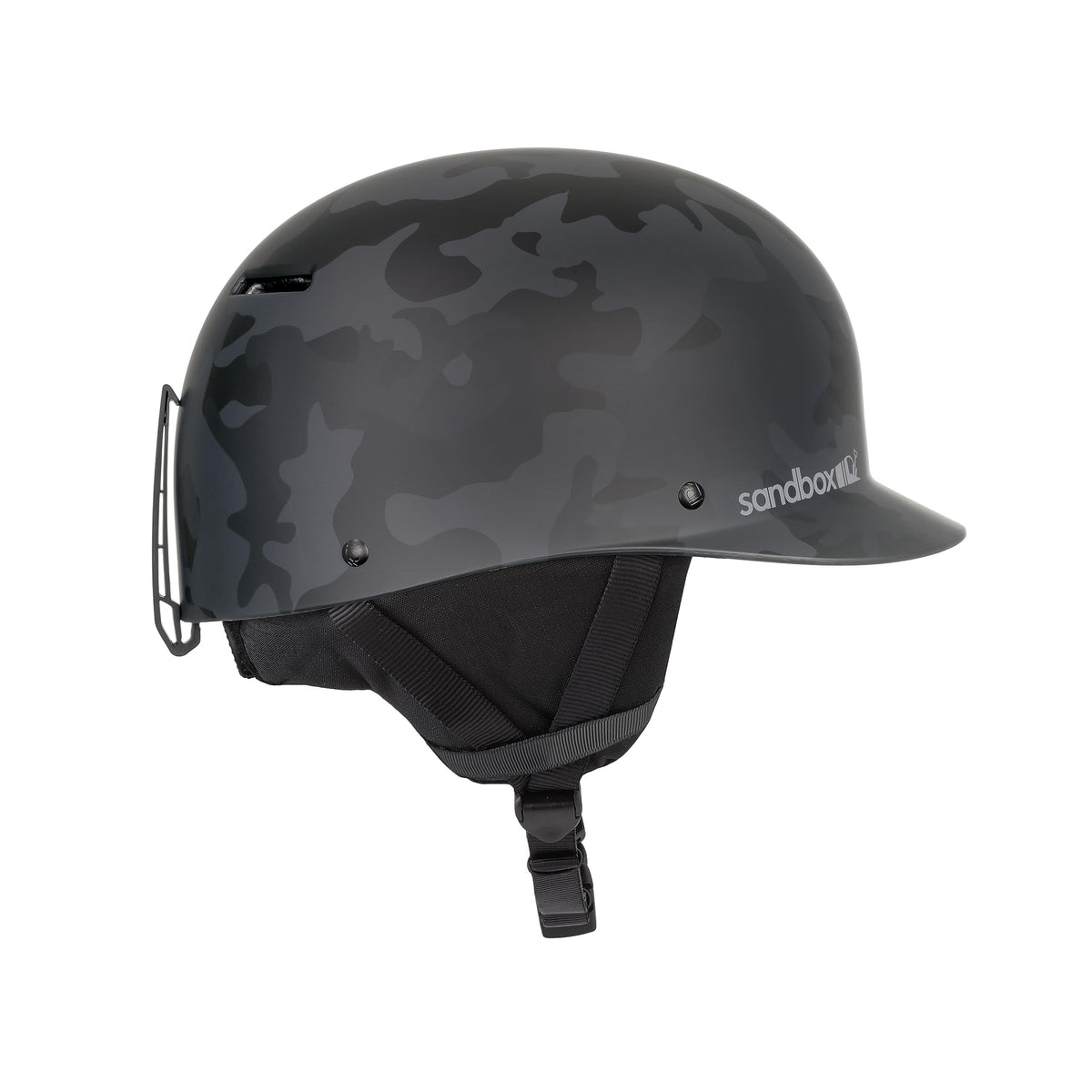 Black camo ski and snowboard helmet with side vents and adjustable chin strap