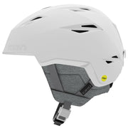 Spherical snow helmet in matte white with gray padding, chin strap, and vents