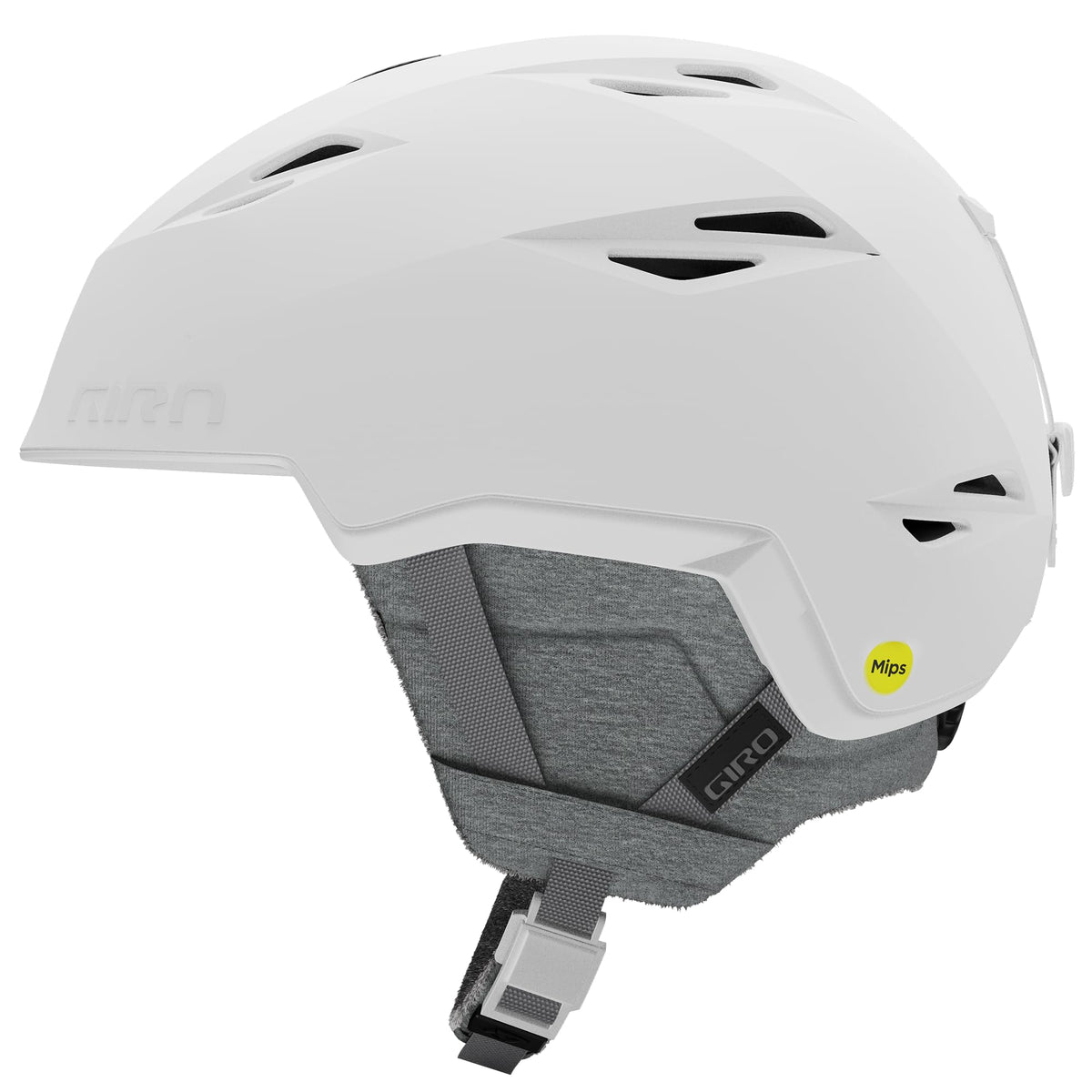 Spherical snow helmet in matte white with gray padding, chin strap, and vents