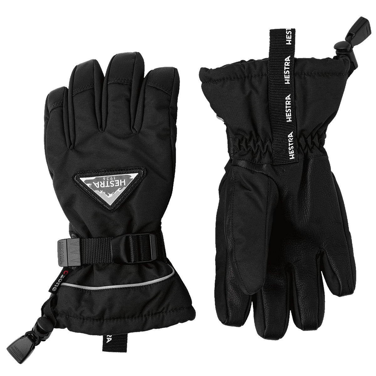 Black waterproof youth five-finger gloves with wrist strap and Hestra patch