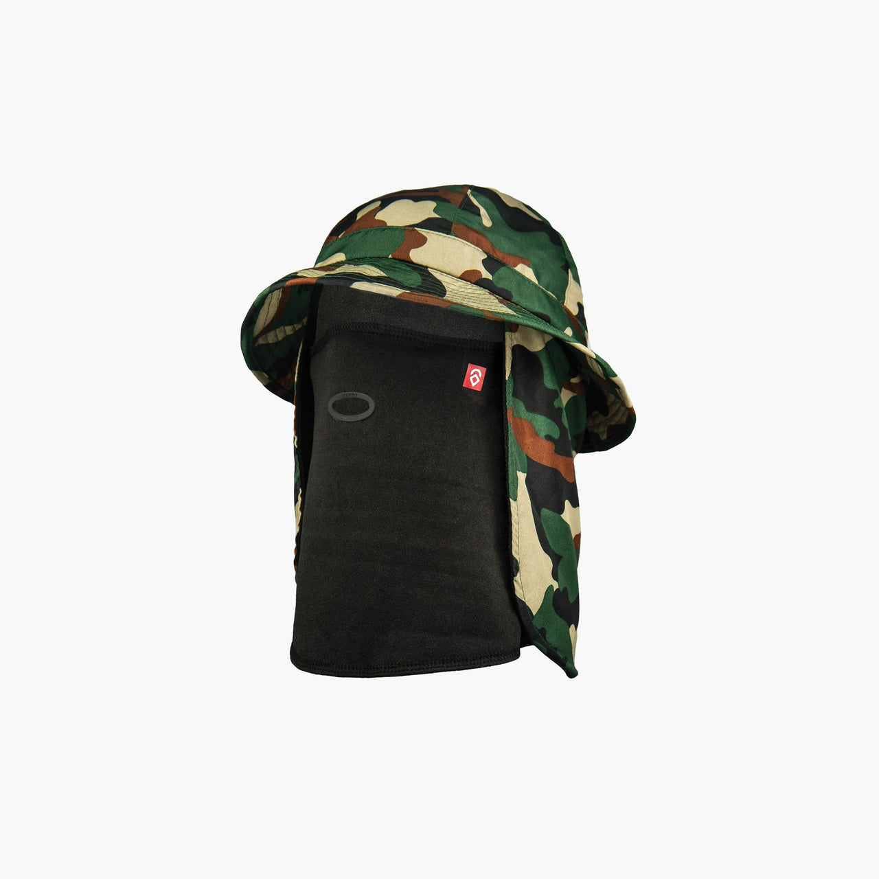 Airhole tech hat in woodland camouflage with fold-down neck cover