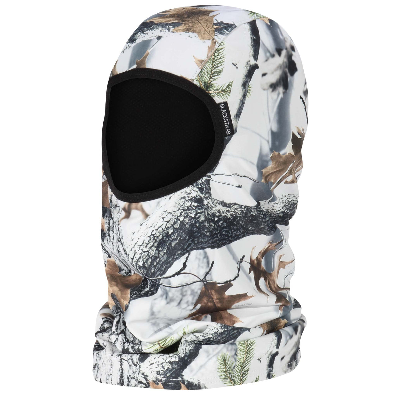 Printed balaclava with black face opening, snowy camo pattern