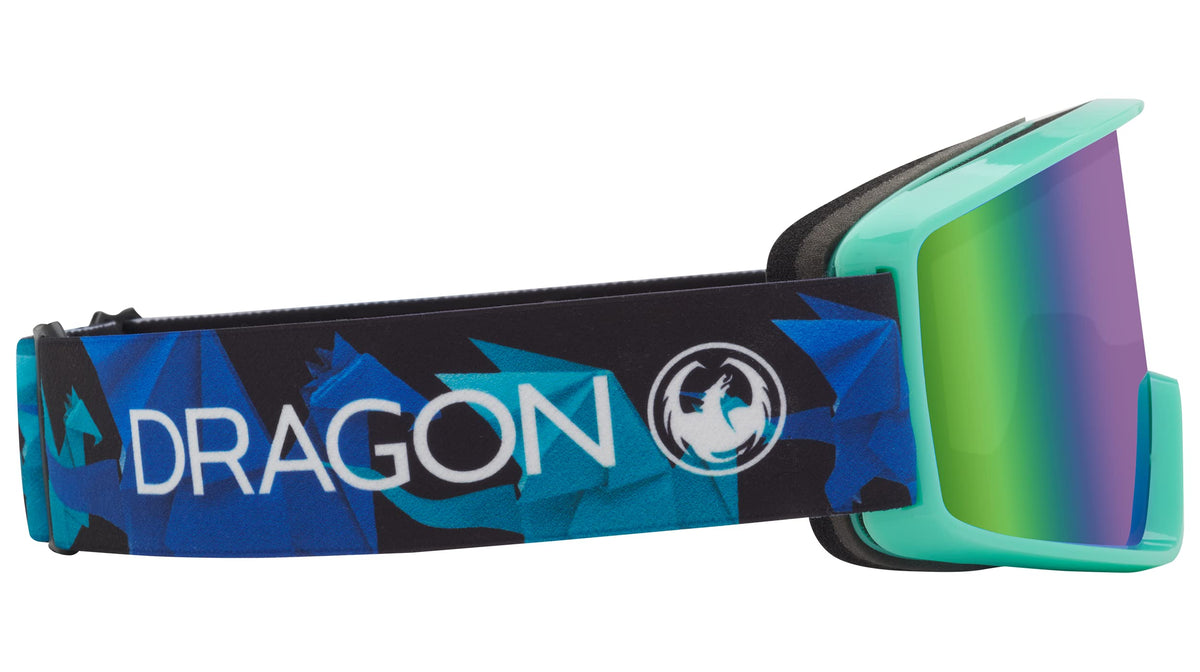 Teal and purple snow goggles with blue DRAGON headband strap