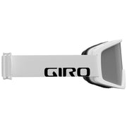 White snow goggles with GIRO logo strap bar and side lens detail