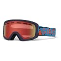 Kids snow goggles side view, dark frame and red mirrored lens with GIRO strap
