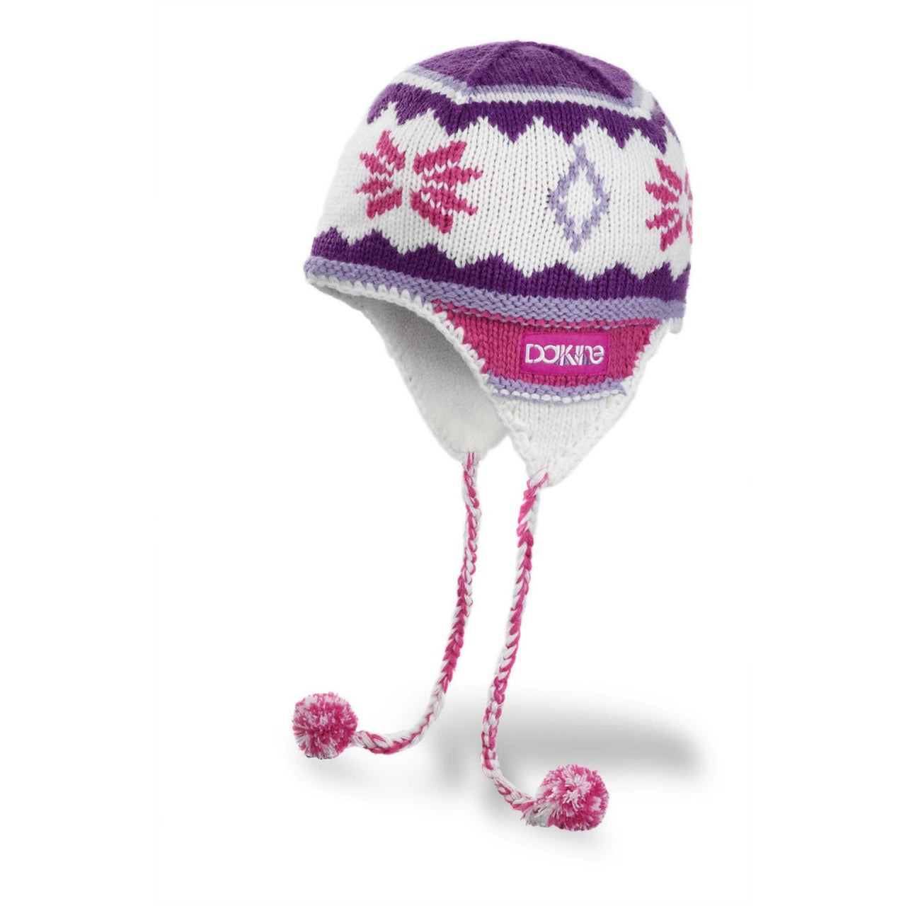 Dakine peruvian knit beanie, white with purple and pink patterns, pom-poms and ties