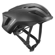 Matte black road bike helmet with adjustable chin straps and ventilation vents