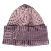 Purple knit beanie with ribbed cuff and large Oakley logo patch