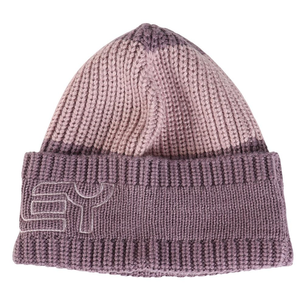 Purple knit beanie with ribbed cuff and large Oakley logo patch