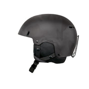 Black camo ski snow helmet with side vents and chin strap