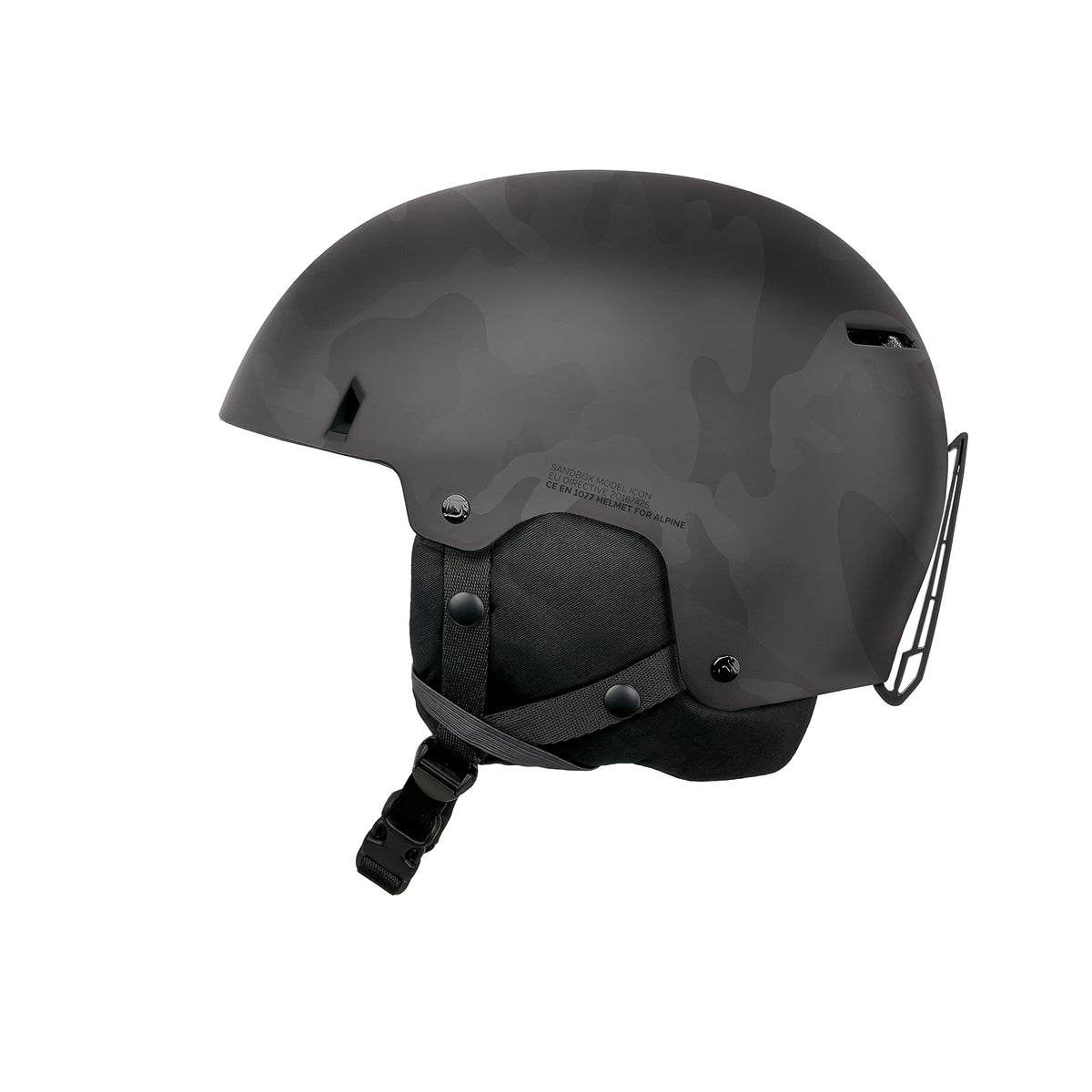 Black camo ski snow helmet with side vents and chin strap