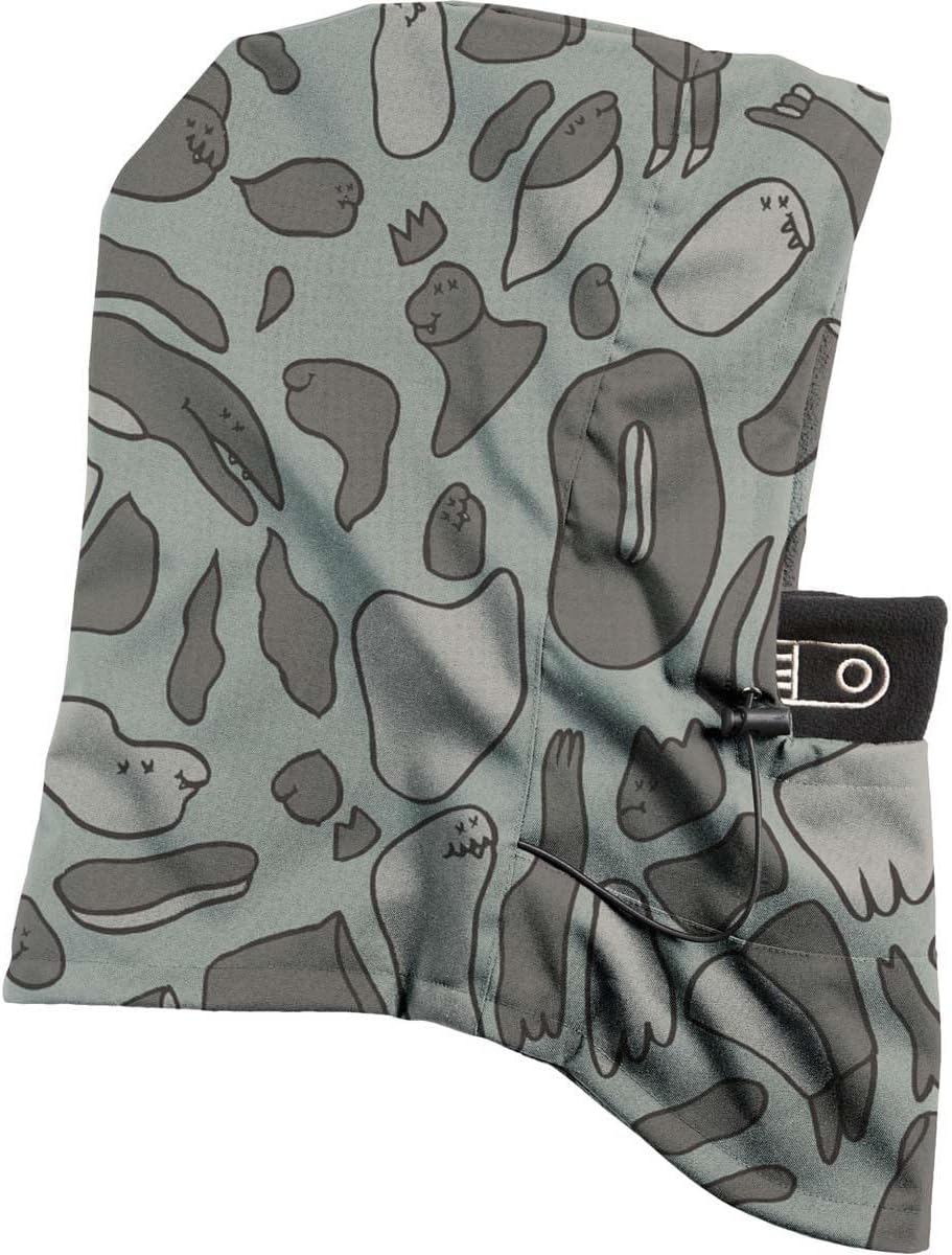 Storm hood in critterflage graphic with adjustable chin strap and drawcord.