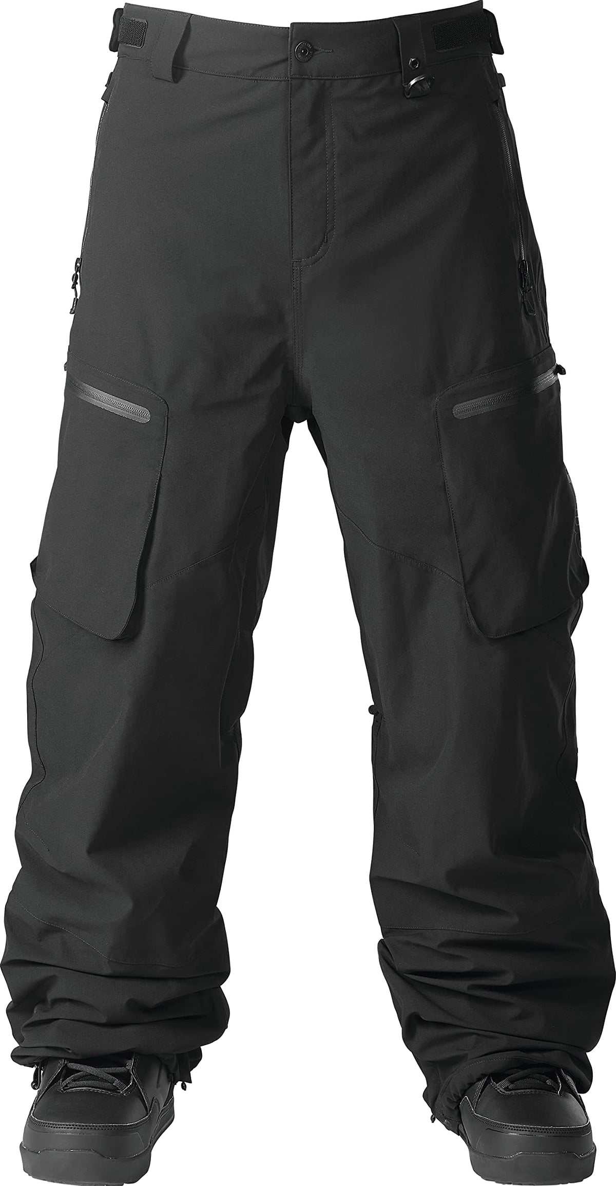 Men's snow sport pants in dark gray with side cargo pockets and elastic cuffs