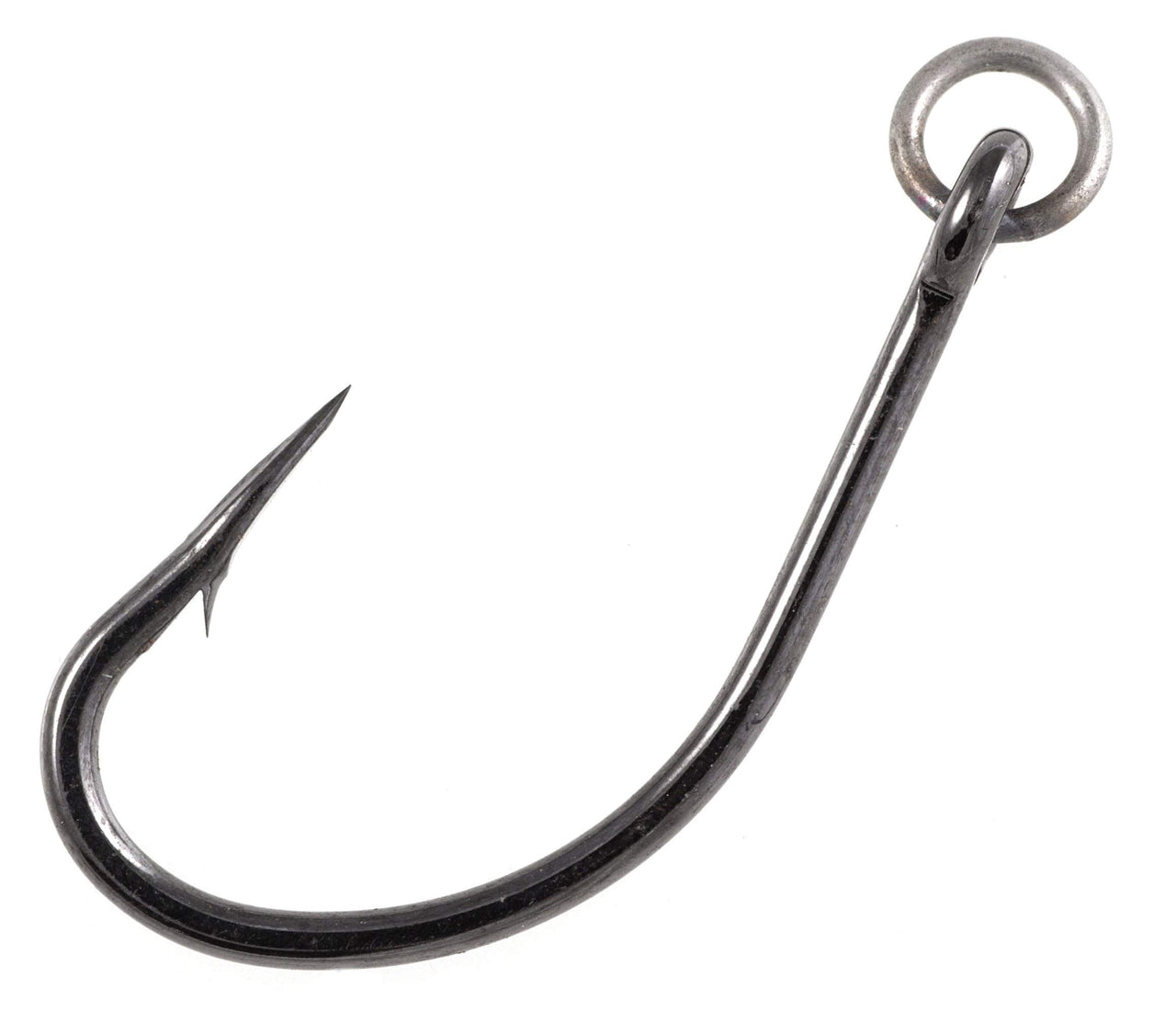 Fishing hook with barbed point and eyelet, dark metal finish