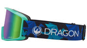 Snow goggles with teal frame, purple mirrored lens, and blue DRAGON strap