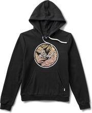 Women's dark French terry hoodie with hood and front graphic, kangaroo pocket
