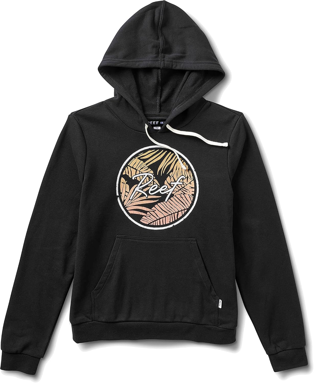 Women's dark French terry hoodie with hood and front graphic, kangaroo pocket