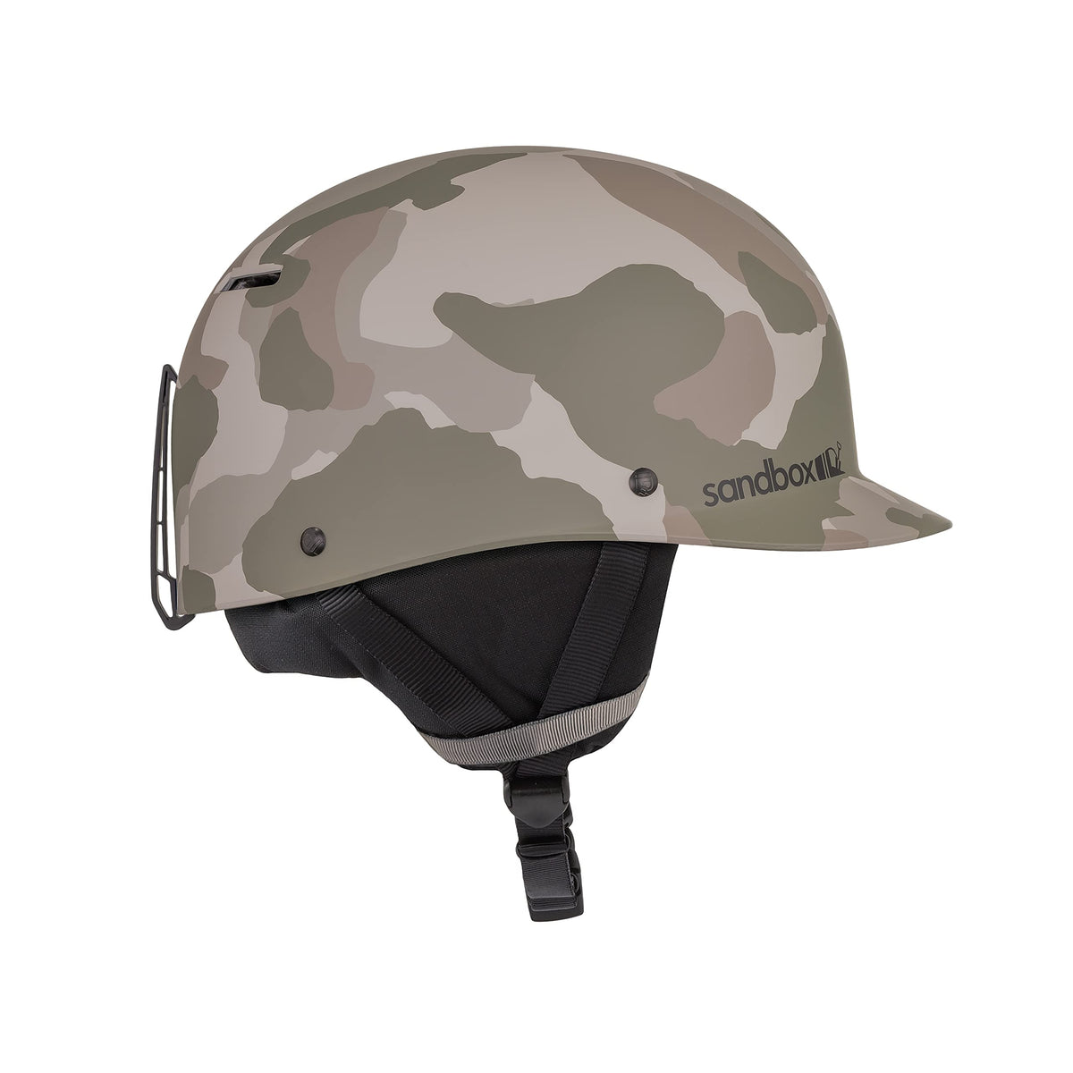 Matte camo snow helmet with chin strap, low-profile fit