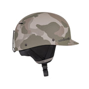 Tan and green camo ski helmet with side vents and adjustable chin strap