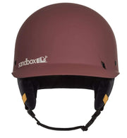 Matte burgundy snow helmet back view with black chin strap