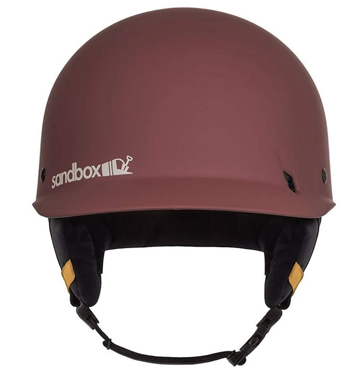 Matte burgundy snow helmet back view with black chin strap