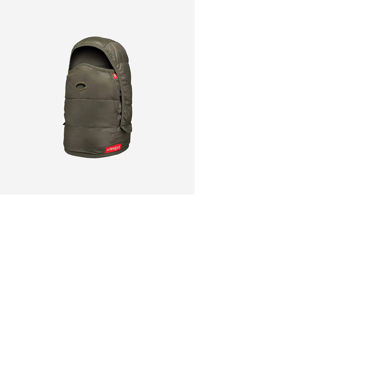 Airhole packable insulated hooded headwear, olive green side view with logo patch