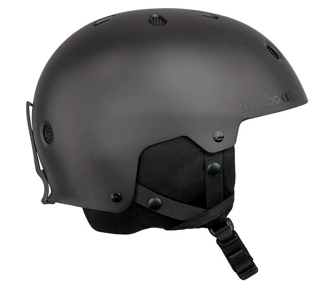 Matte black snow helmet with ventilation holes and adjustable chin strap, side shield
