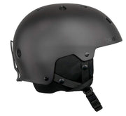 Matte black snow helmet with ventilation holes and adjustable chin strap, side shield