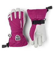 Kids waterproof ski gloves, fuchsia outer with white palms and adjustable wrist strap