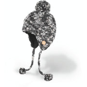 Hand-knit beanie with pom-pom and earflaps, grey-speckled knit, button detail