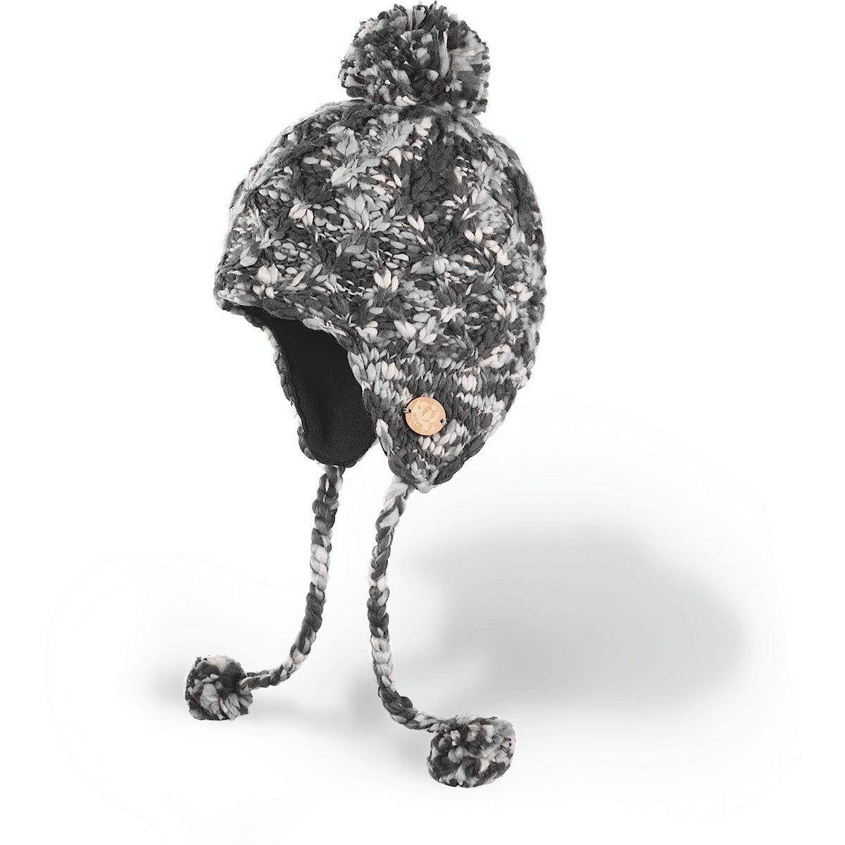 Hand-knit beanie with pom-pom and earflaps, grey-speckled knit, button detail
