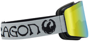 Snow goggles with white strap and black frame, lime mirrored lens