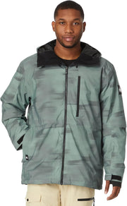 Men's printed snow jacket in teal with black hood, front zip, and chest pocket