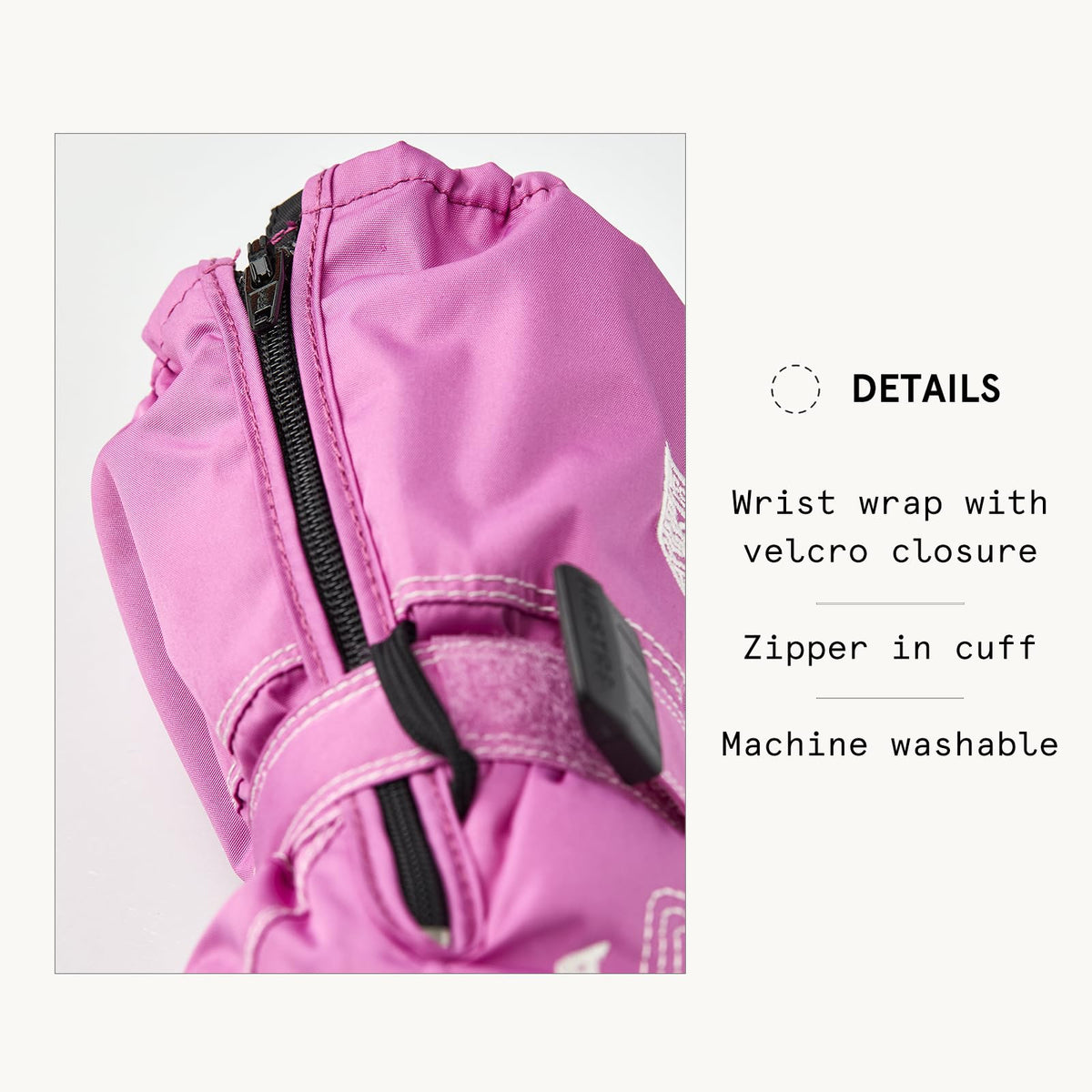 Hestra baby zip long mitt in purple with zipper cuff and Velcro wrist closure