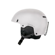 White snow helmet with black chin strap and protective ear area