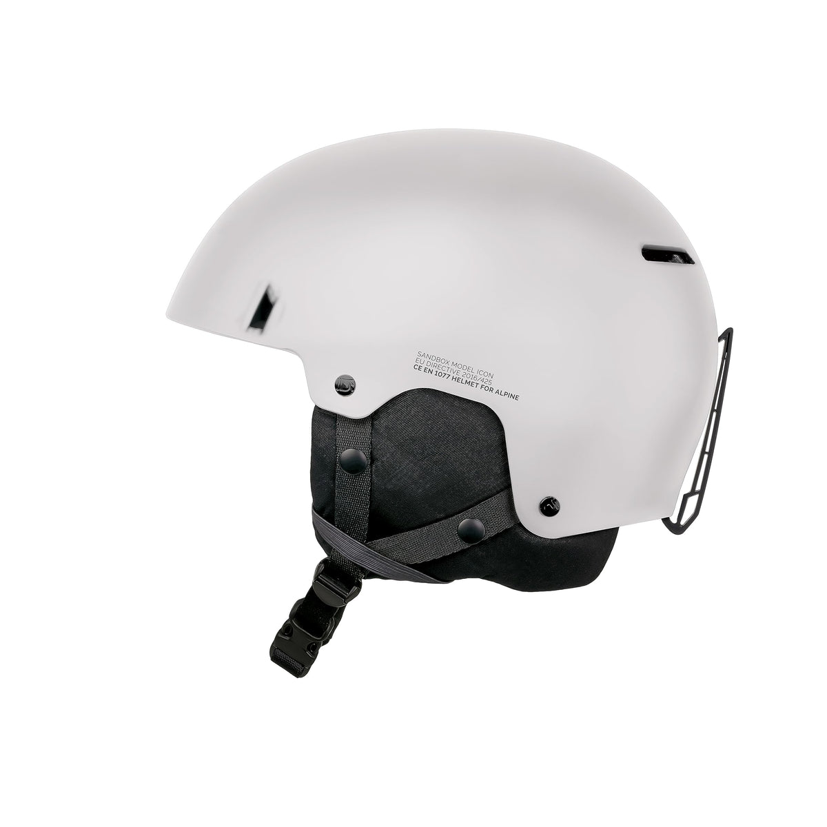White snow helmet with black chin strap and protective ear area