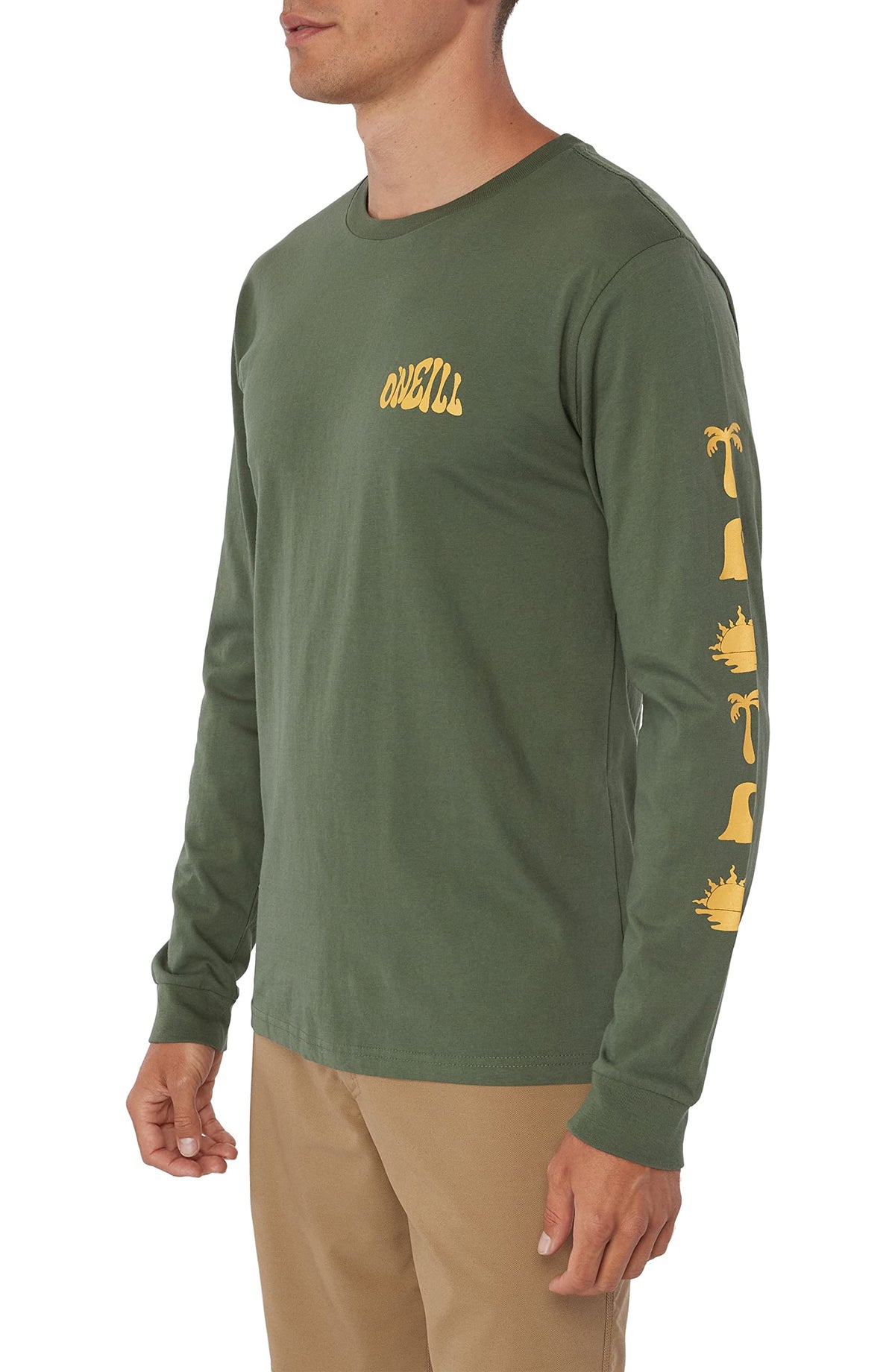 Men's dark olive long-sleeve tee with O'NEILL chest logo and yellow sleeve graphic