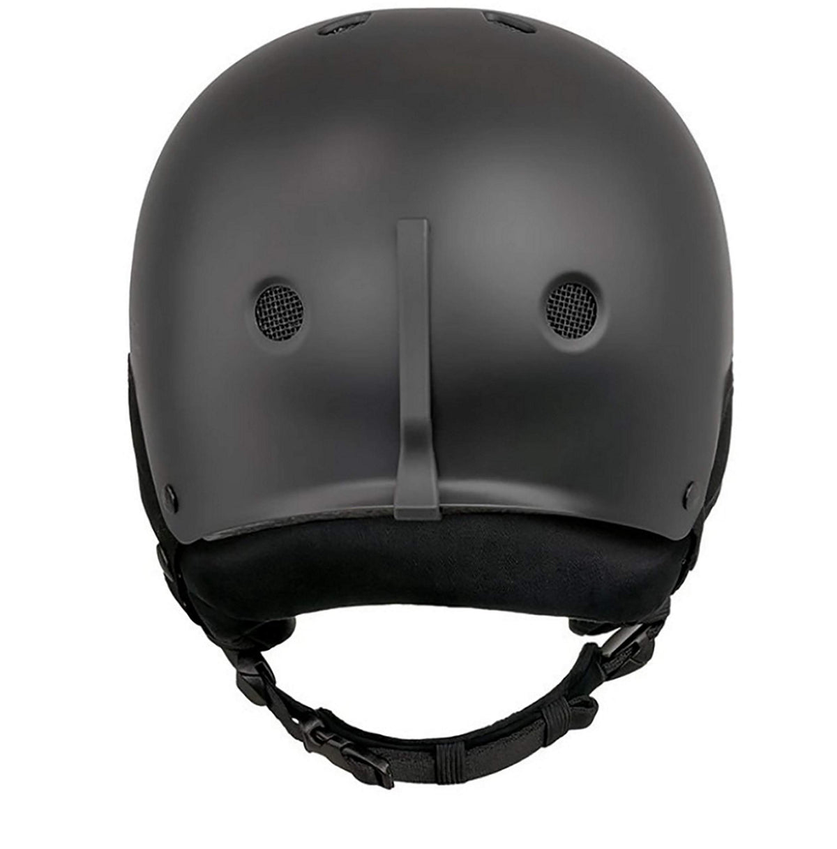 Matte black snow helmet rear view with two vent holes and center strap